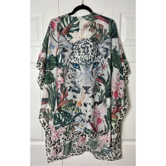 JC Sunny White Leopard Animal Lightweight Semi Sheer Kimono One Size 100% Cotton - Picture 1 of 7
